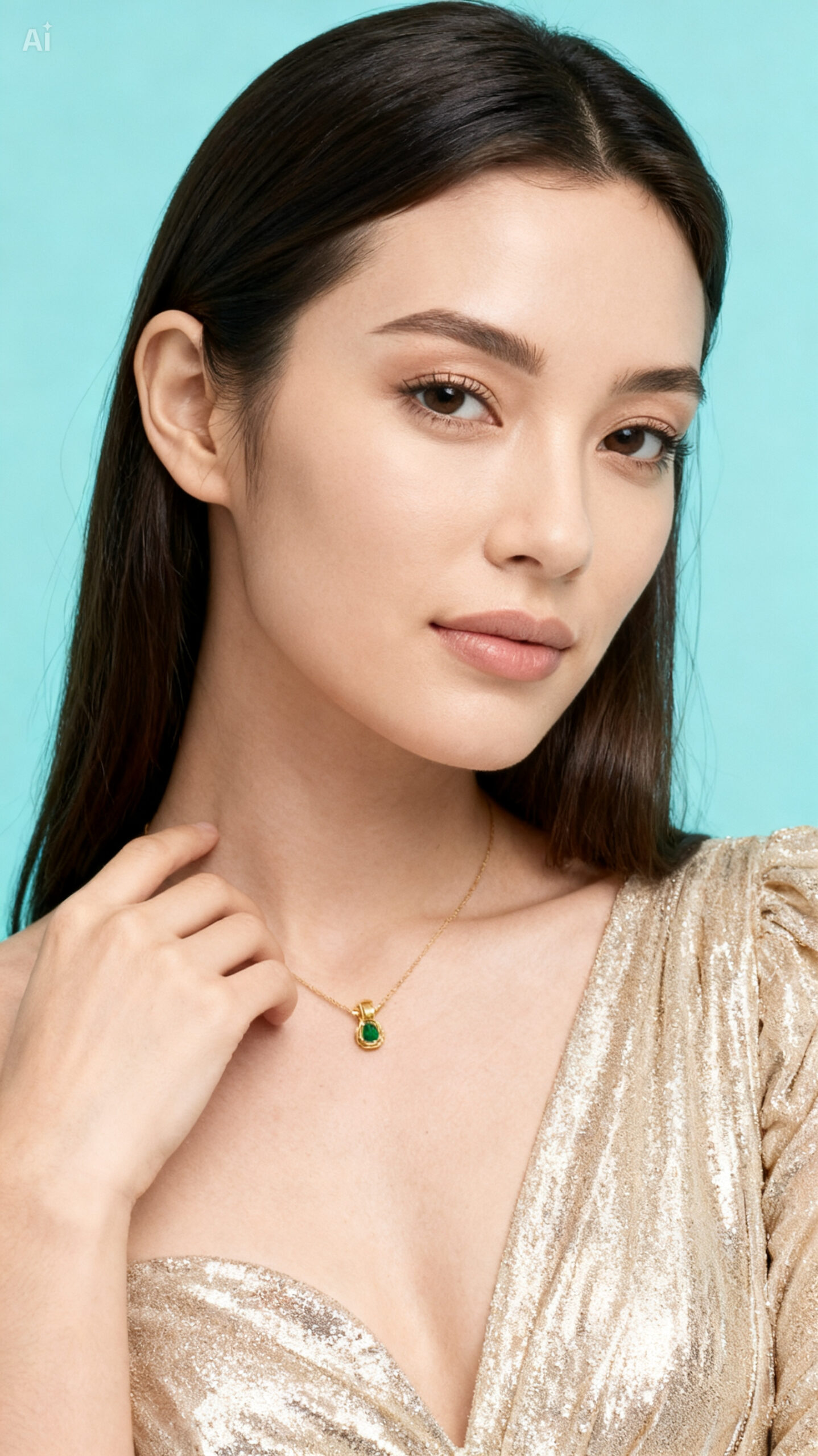 Elegant female model wearing ruby and diamond necklace set in 18K gold by Adenis Jewellery